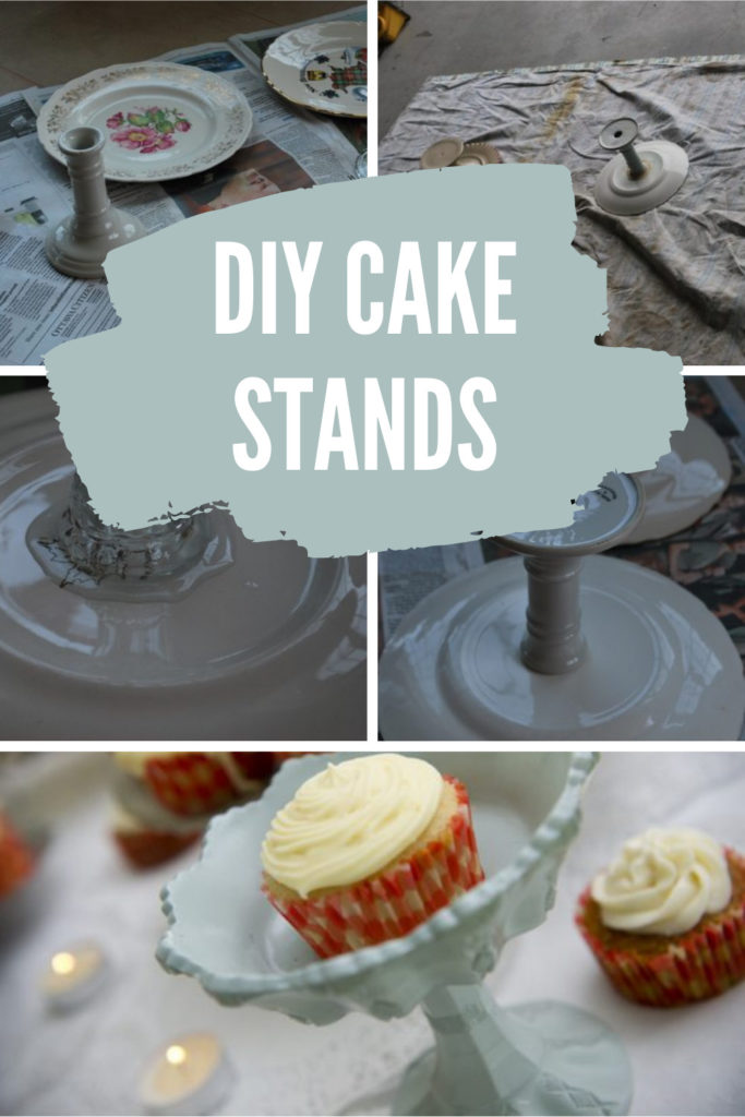 collage showing to make a cake stand with text overlay.