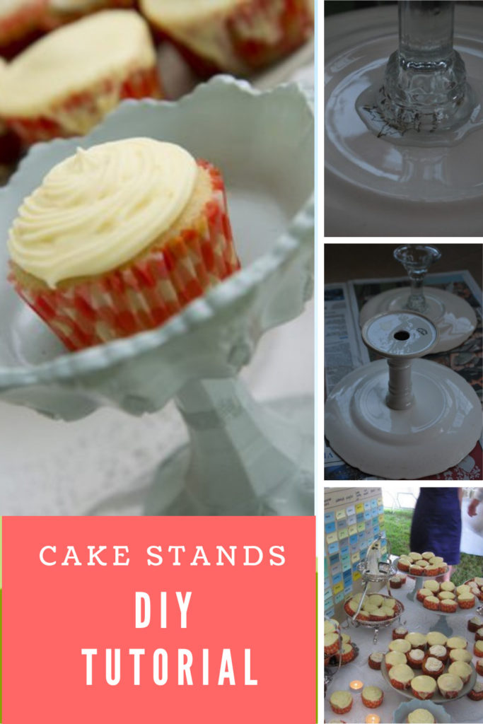 collage of process showing to make a cake stand.