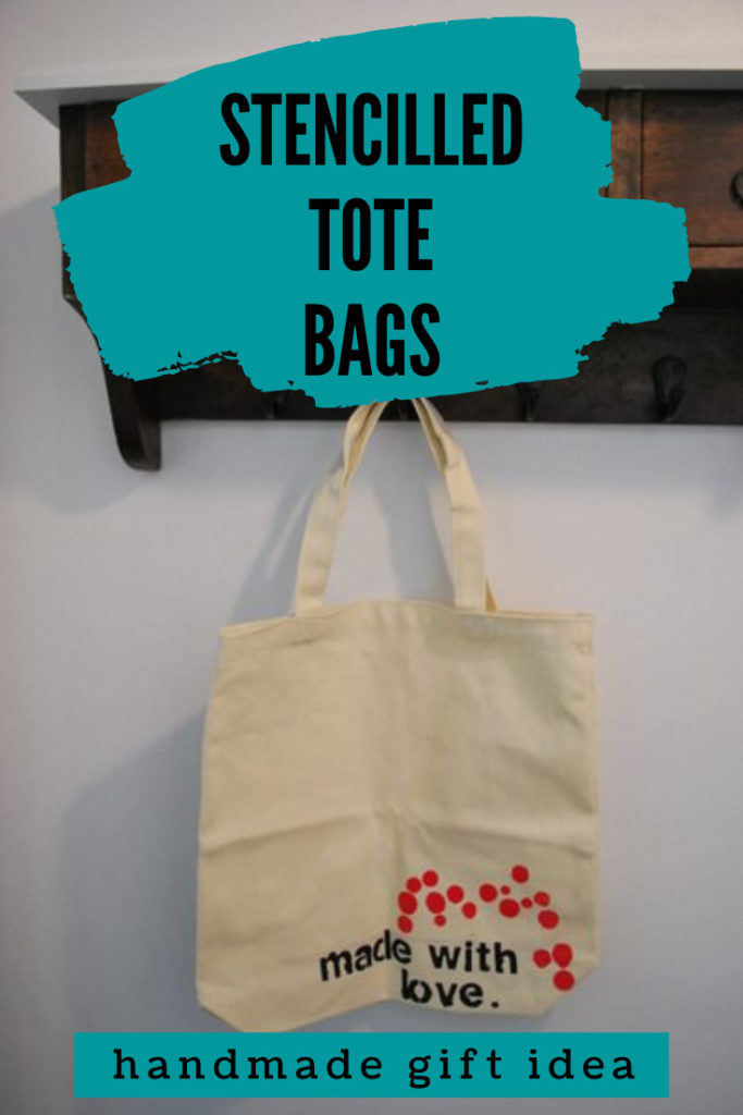 DIY stamped tote bag with text overlay.