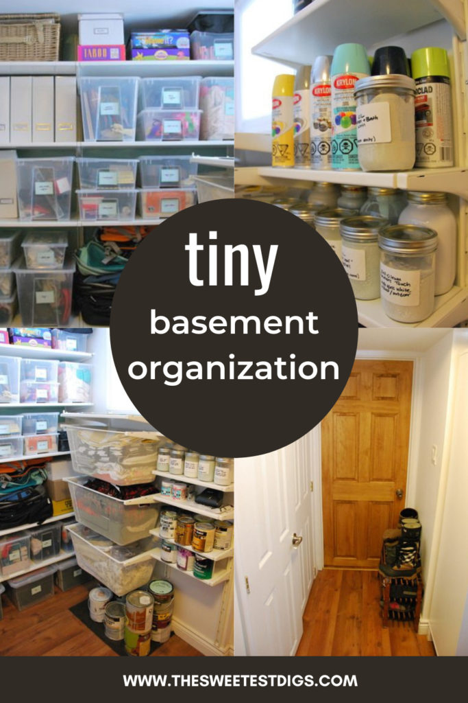 Collage of an organized basement nook.