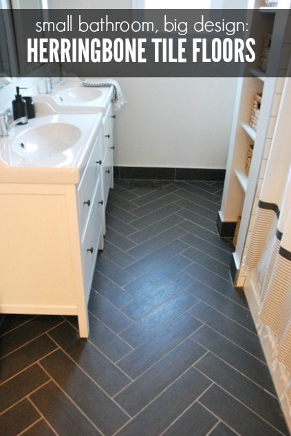  bathroom  design herringbone  tile  floor IKEA vanities 