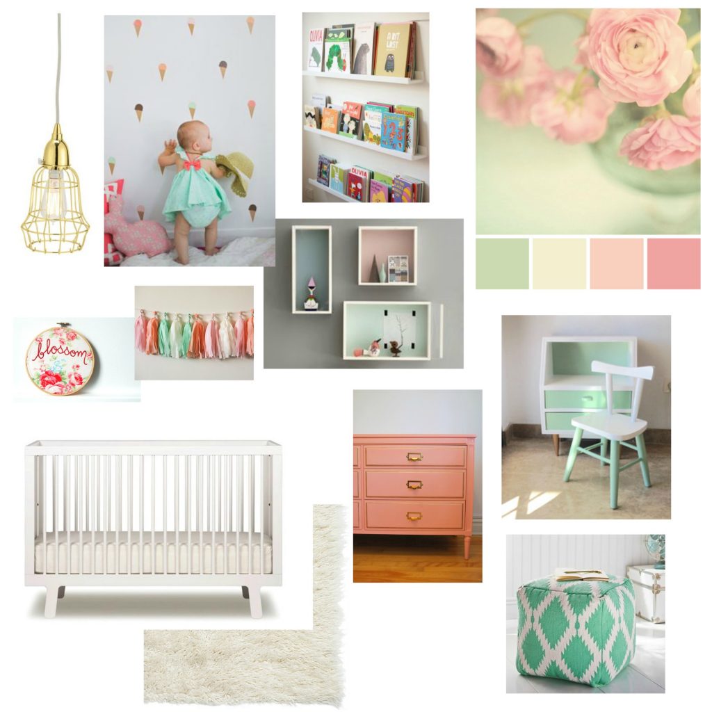 design inspiration! a pink + mint + white girl nursery design moodboard via the sweetest digs