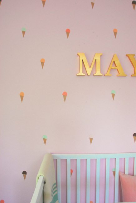 DIY, accent wall, nursery design, pink, ice cream cone decal