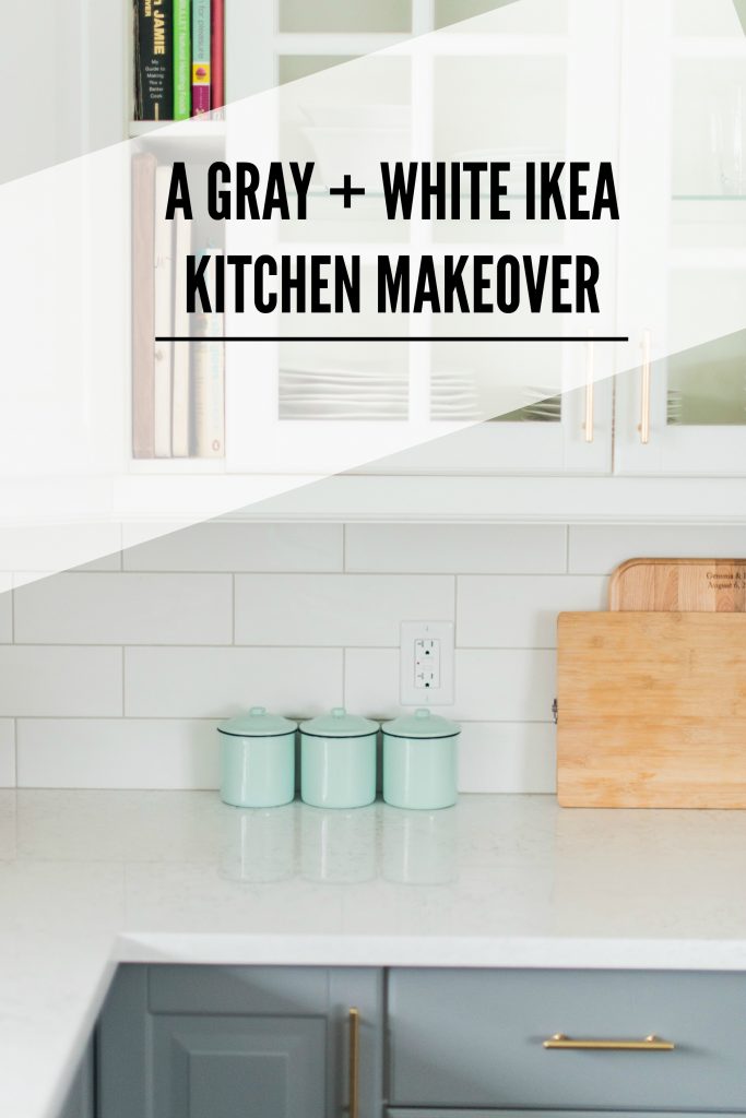 A gray and white budget friendly kitchen makeover using IKEA cabinetry, marble like quartz countertops, subway tile backsplash, and gold hardware. A timeless, bright and classic kitchen design / renovation! Click through to the blog for the full source list and DIY how-to's!