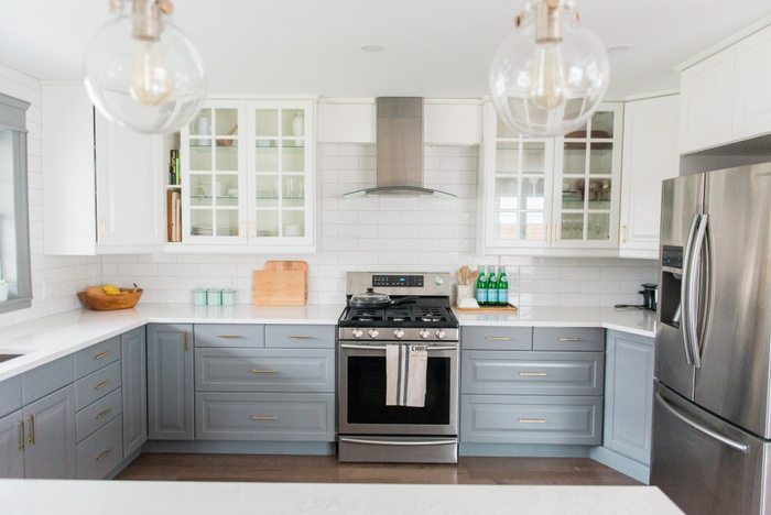 A Gray And White Kitchen Makeover Using IKEA Cabinetry Quartz Countertops Subway Tile And Gold Hardware. Click Through For The Full Source List How Tos3 