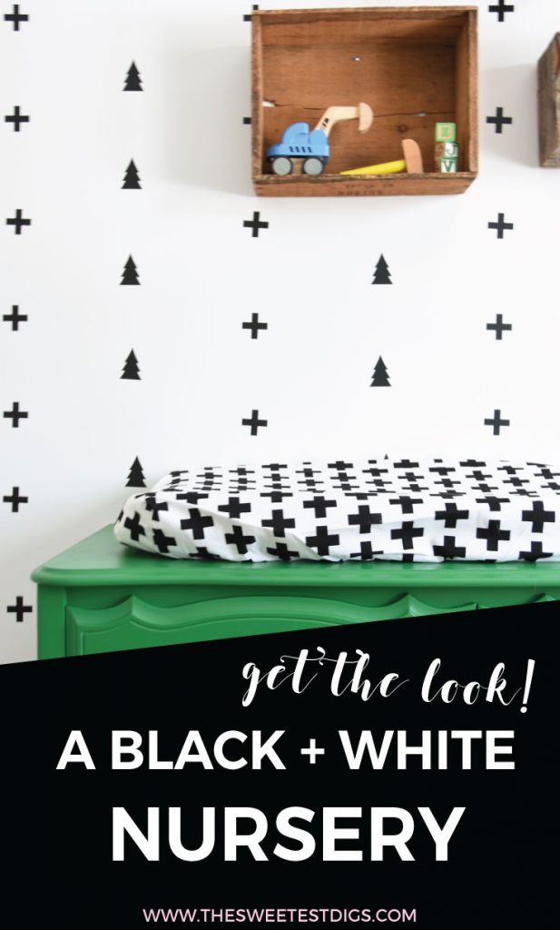 Looking for nursery or kids room decor ideas? Check out this black, white, and green boys room with a scandinavian meets camping design. Using swiss cross and tree wall decals, a painted dresser, and more! Click through for the how-to tutorial and DIY projects.