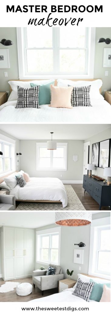 A budget-friendly Master Bedroom Makeover. Get this neutral, eclectic, modern bedroom design with the source list and DIY project ideas in the post. Great bedroom decor ideas and tips!