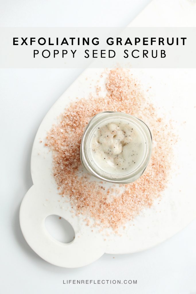 Homemade grapefruit poppy seed body scrub! Make this DIY scrub with coconut oil, grapefruit essential oil, and a few other simple ingredients.