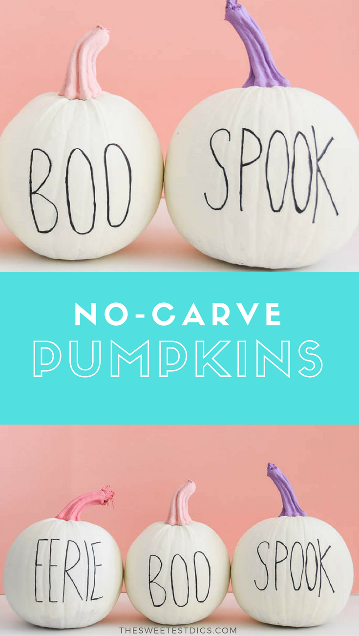 #Pastel #Pumpkins - No Carve Pumpkin Decorating Ideas! Make these sweet pink and purple pumpkins with Rae Dunn style lettering for halloween. Click for DIY tutorial! 
