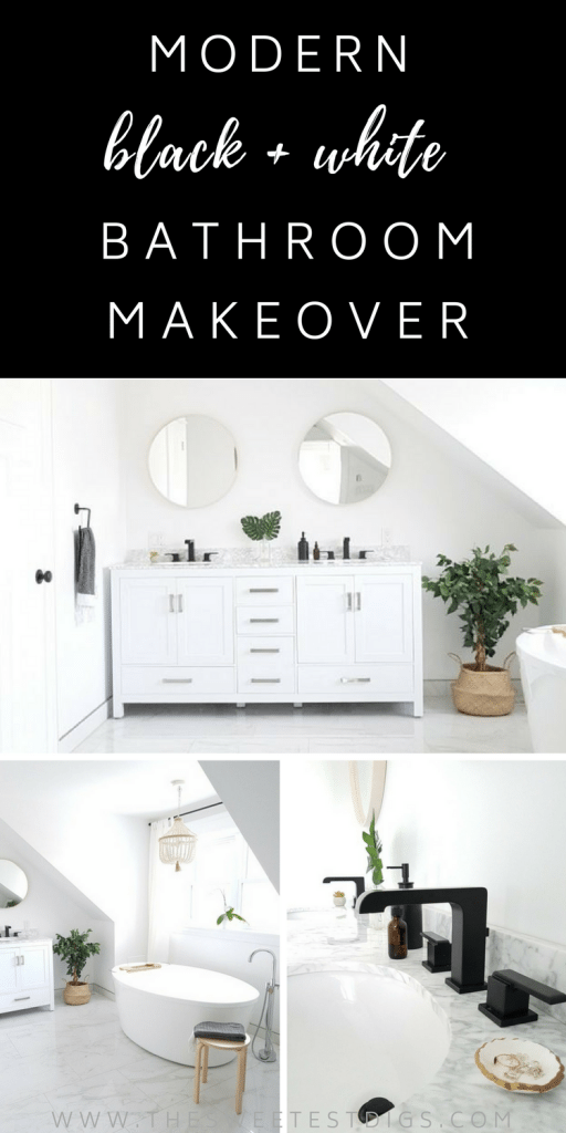 A #Modern #Marble #Bathroom with a #Spa Like Feel. #White with #Black #Faucets - on a budget. Get the look - I'm sharing all the sources in the blog post! 