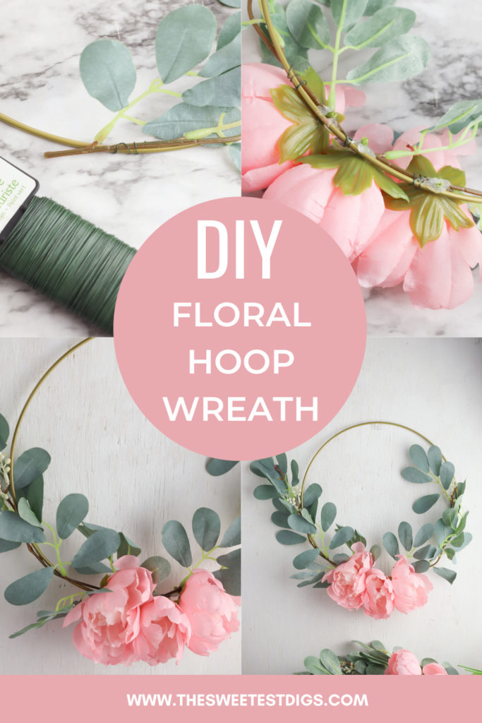 Collage of floral hoop wreath with text overlay.