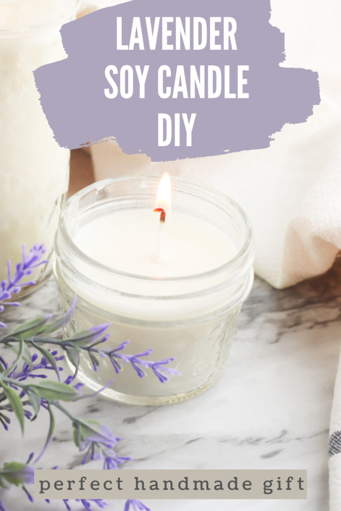 Lit soy candle with text overlay.