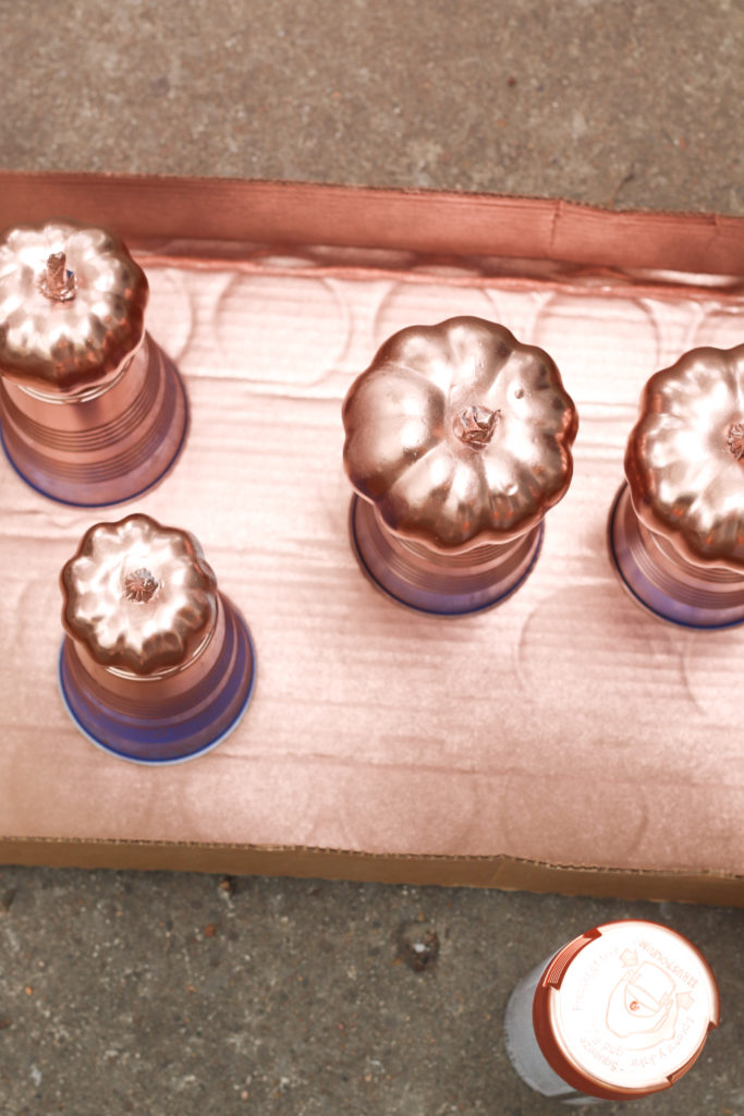 Citrouilles en cuivre peintes à la bombe.