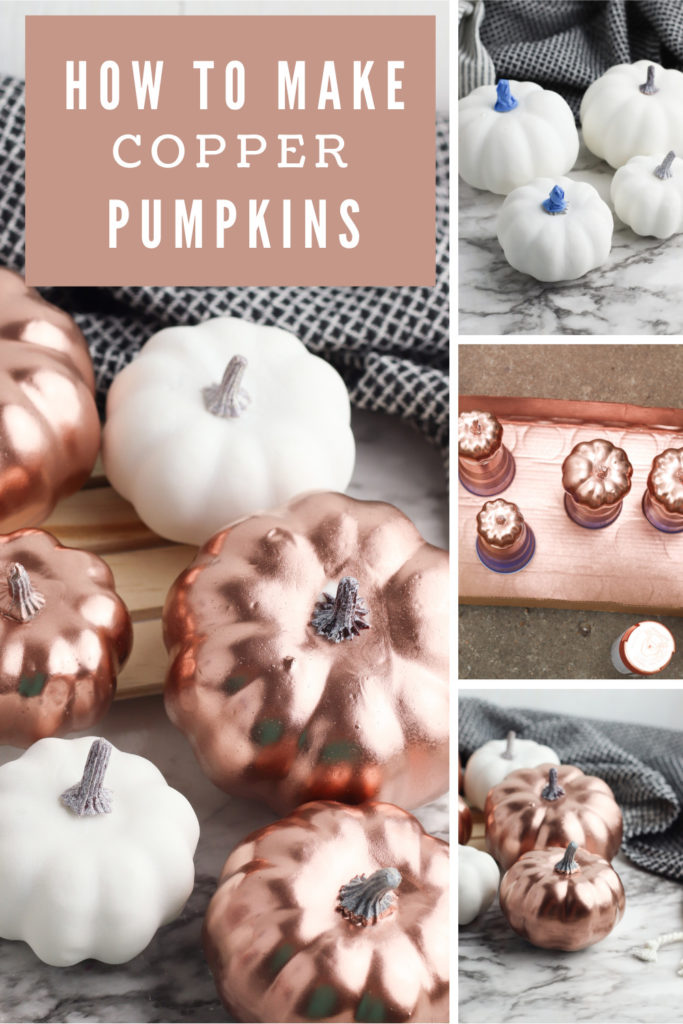 Collage showing how to make copper pumpkins.