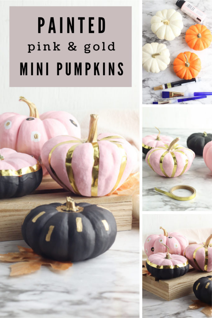 Collage of pink, gold and black mini pumpkins with text overlay.