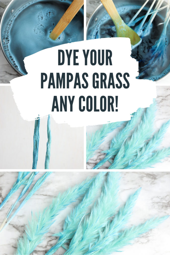 Collage showing how to dye pampas grass, with text overlay.
