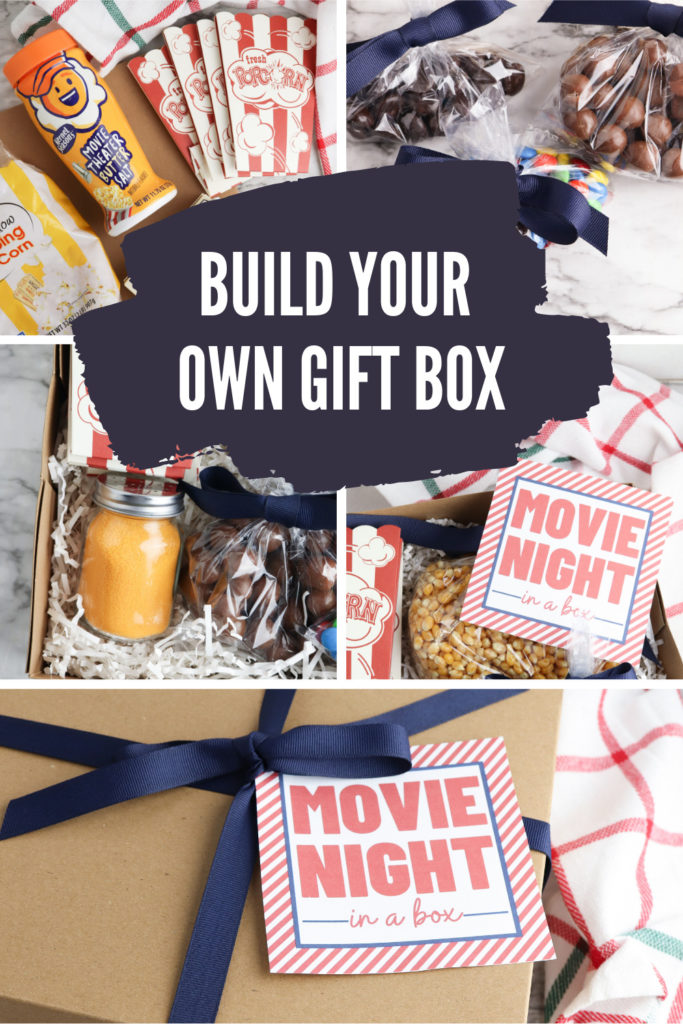 Collage of items showing how to make a movie night gift box.